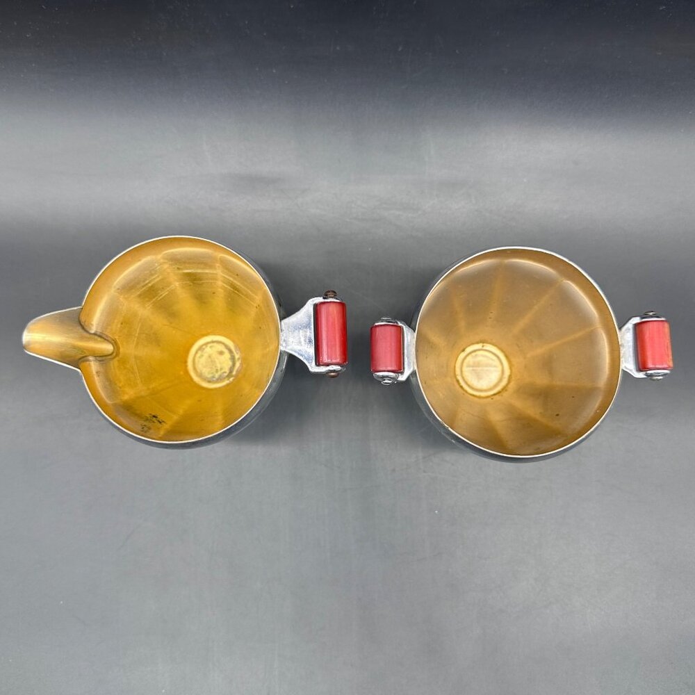 Vintage Creamer Sugar Bowl Art Deco 1930s Chrome Cherry Red Bakelite Handles - Picture 6 of 14